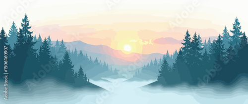 Morning mist in forest vector simple 3d smooth isolated on white background