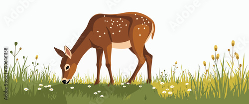 Meadow with grazing deer vector simple 3d smooth isolated on white background