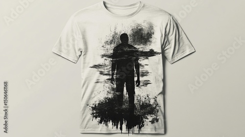 Gray tee with a black silhouette of a person standing amidst distressed ink splatter