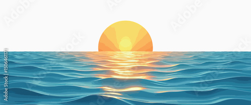 Ocean horizon with sunrise vector simple 3d smooth isolated on white background