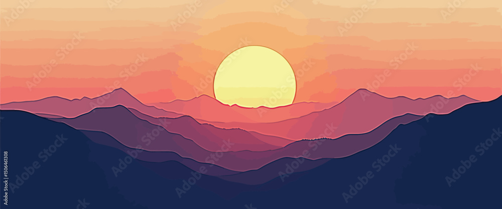 Fototapeta premium Minimalist Sunset Mountain Landscape Vector Illustration