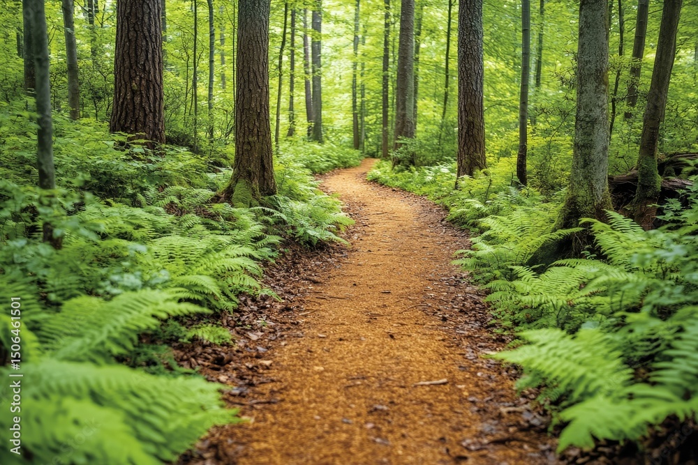 Fototapeta premium Forest trail winding through ferns. Hiking, nature escape