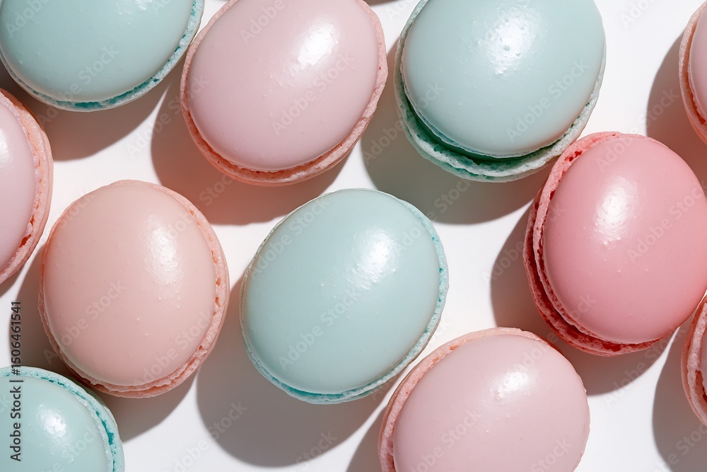 Fototapeta premium Macarons In Pastel Colors Arranged Neatly On White Surface 
