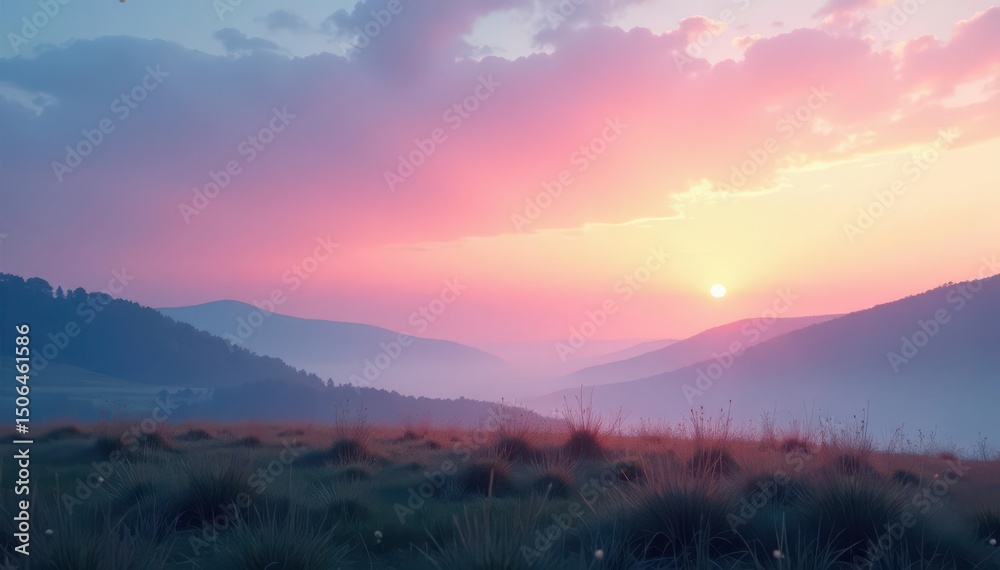 Obraz premium Subtle gradient sky merging into hazy landscape, soft, photo