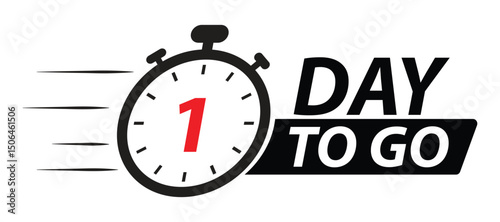One day to go countdown timer icon, stopwatch graphic signaling a final deadline, urgent limited-time offer, or event.
