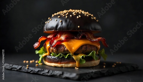 Delicious Black Burger with Melted Cheese and Crispy Bacon on a Dark Background photo