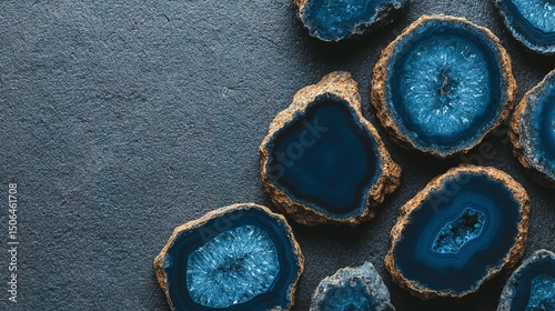 Close-up view of blue agate slices on a dark stone surface.