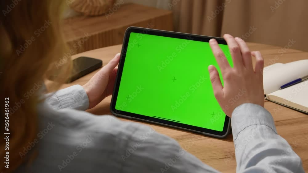 Woman sit desk use digital tech tablet with green screen mock up. Hand scroll pad web site, swiping like photos. Girl hold pad close up. Chroma key page. Cozy home background. Online app copy space.