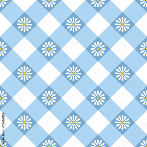 Small daisies arranged in a blue repeating checkered design pattern used in various applications, such as textiles, wallpapers, and digital design.