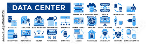 Data center icon collection set. Server Rack, Cloud Storage, Network Switch, Data Backup, Firewall
