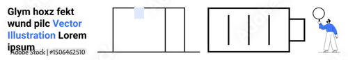 Minimalist depiction of data analysis with a researcher using a magnifying glass, bar chart, and text input. Ideal for analytics, research, strategy, education, inspection, innovation simple landing