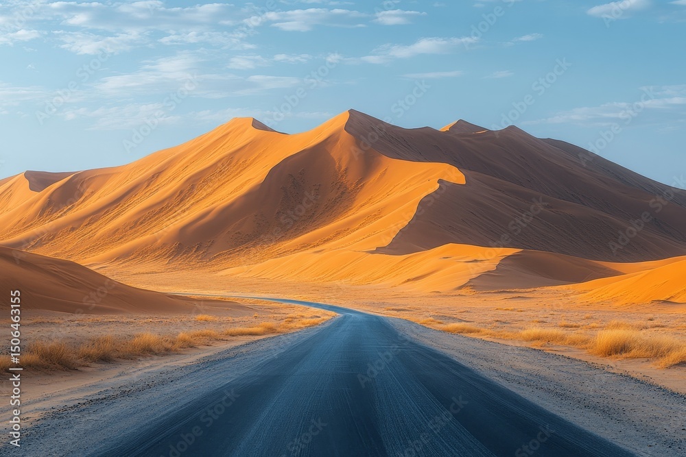 Naklejka premium Desert road sunrise, dunes, adventure