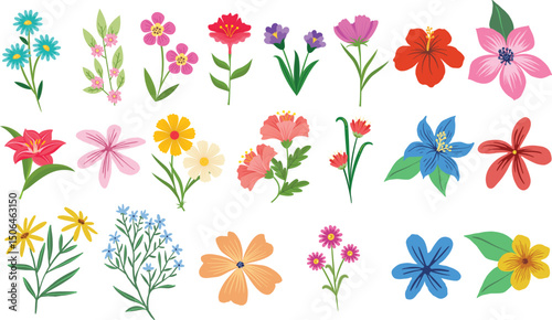 Set of spring and summer hand drawn flowers. Floral elements, wildflower, leaves and herb, plants, foliage on white background. Collection spring blossom icons. Vector flat illustration.