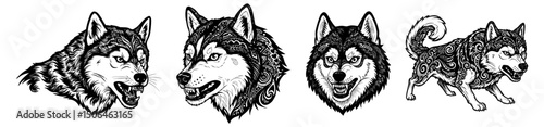 Vector patterned husky art for web, tattoos and logo uses. 