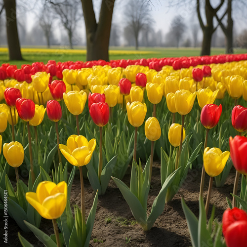 Mix of red and yellow tulips in a field with unsharp grass and tree background. Selective focus, shallow depth of field