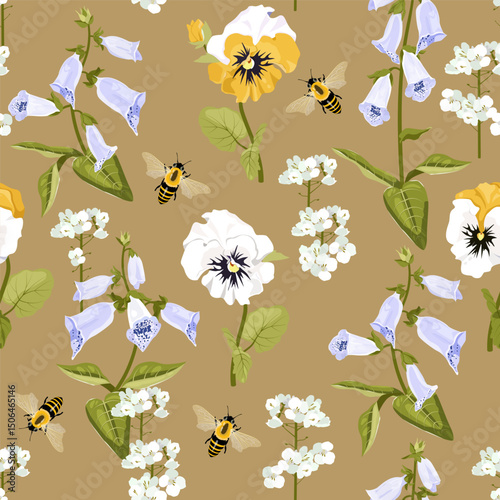 Pansies, foxgloves and bees. Seamless summer vector illustration. For textile decoration, packaging, cover.