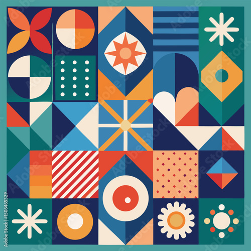 Geometric pattern vector background with Scandinavian abstract color or Swiss geometry prints of rectangles, squares and circles shape design