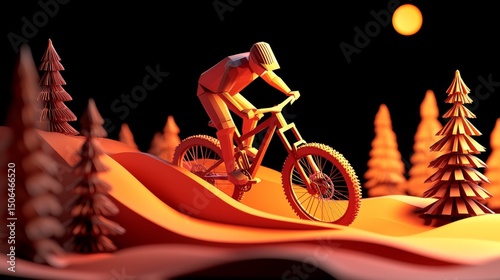 Mountain Biker Adventure in the Night: A dynamic illustration captures a mountain biker navigating a challenging terrain, under the moonlit sky. The scene is depicted in a stylized, vector art style.