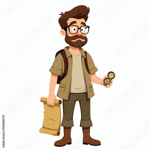 Cartoon Explorer Holding Compass and Map Scroll