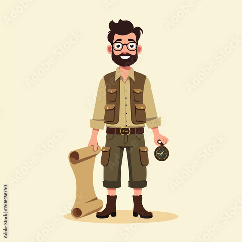 Explorer Character Standing with Rolled Map and Compass