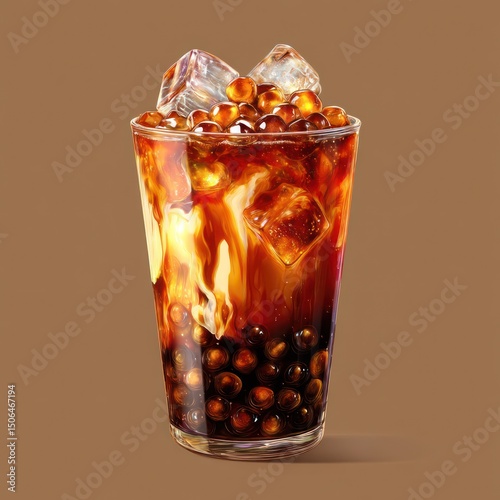 Brown sugar iced boba tea in a clear cup with ice cubes and chewy tapioca pearls.