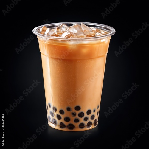 clear plastic cup filled with lychee bubble tea and boba pearls, perfect for display.