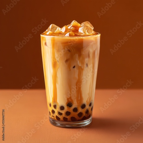 Sweet iced caramel milk tea in a plastic cup with tapioca pearls, isolated for vibrant visuals.