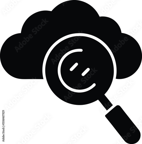 This 3D vector illustration features a magnifying glass searching a cloud, symbolizing internet business and cloud computing concepts