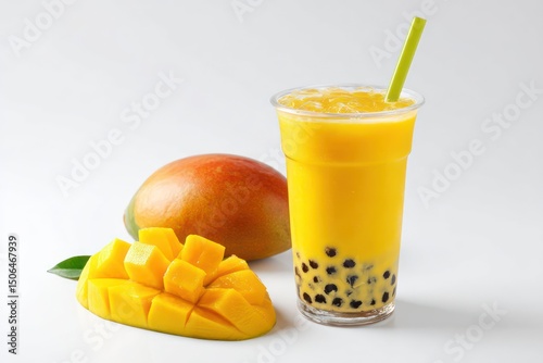 Iced mango bubble tea served in a clear cup with tapioca pearls and ice cubes.