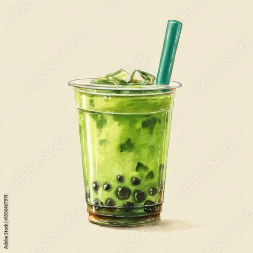 Iced green tea drink with boba pearls, served in a clear plastic cup for vibrant visual impact.