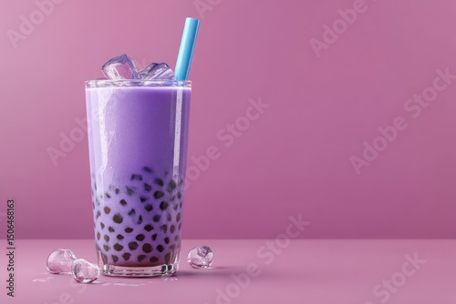 Refreshing purple boba tea with ice and straw, isolated for clear and clean design display.