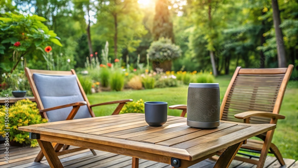 Fototapeta premium Outdoor Wooden Patio Furniture with Bluetooth Speaker and Garden View