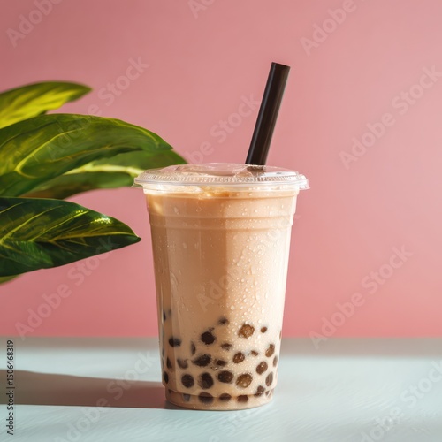 Refreshing iced taro milk tea in a plastic cup with tapioca pearls, perfect for a chilled treat.