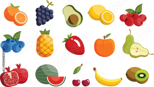 Colorful fruits and berries set. Trendy abstract minimal style. Natural tropical fruits. Fig, cherry, apple, peach, lemon, banana, avocado, pomegranate, pineapple, melon. Vector illustration.