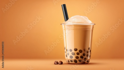 Boba milk tea in a clear plastic cup, isolated for showcasing a sweet, creamy beverage.