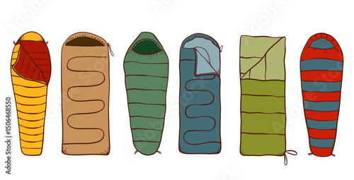 Sleeping Bag Color Line Set. Camping Equipment. Cozy Camp Sleep, Adventure Sleep Kit. Outdoor Nap Essentials. Vector illustrations