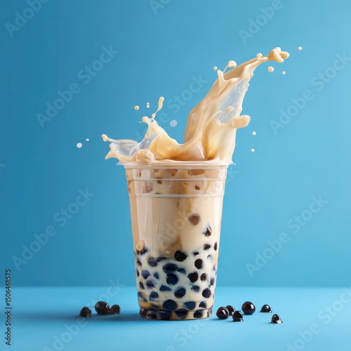 Overflowing plastic cup with creamy milk tea and black tapioca pearls, spilling for extra charm.