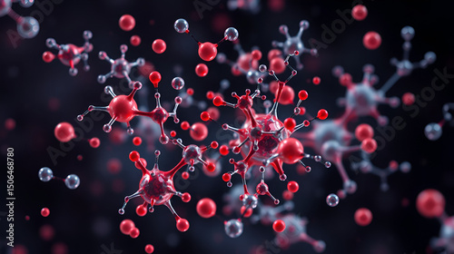 In the macro image of enzyme catalysis several molecules of different sizes and shapes can be seen darting rapidly around the area. The larger molecules are visibly