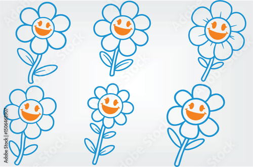 Cute funny smile flowers seamless pattern. Cartoon kawaii character illustration icon design. Positive smile flowers seamless pattern coloring page concept. Abstract doodle branch with flowers. EPS 10