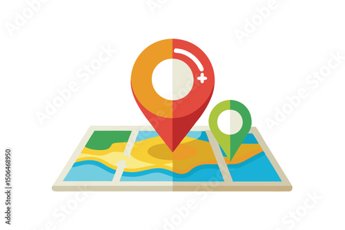 Flat Vector Illustration of Map with Location Pins for Navigation