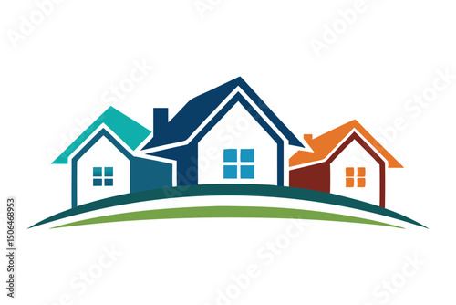 Colorful Houses on a Hill Real Estate or Community Logo Design