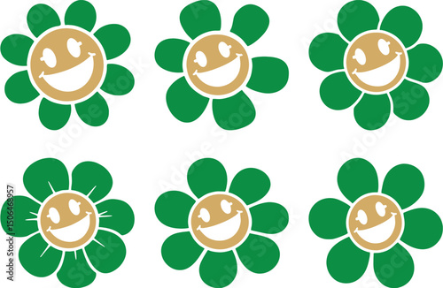 Smiling funny flowers stock images on white. Smiling faces, Cute camomile happy emotion. Illustration of smile floral flower, bloom camomile. Hippie 60s, 70s style. Emotion stickers, editable EPS 10.