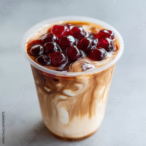 A close-up of creamy bubble tea with cherries, isolated on a clean background for refreshing visuals.
