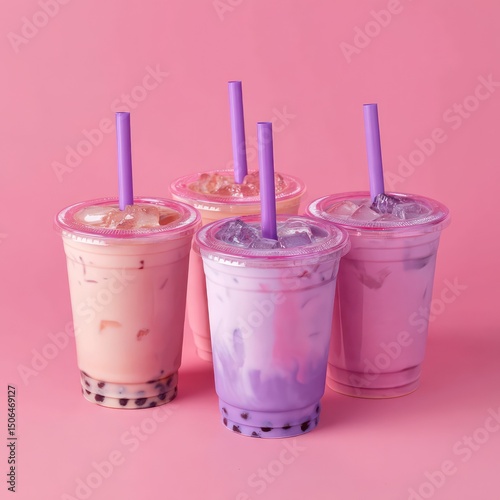 Four iced bubble teas served in pink and purple cups, ideal for a colorful and refreshing look.