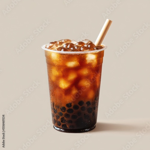 Fresh iced black tea with tapioca pearls in a minimalist cup, offering a refreshing sip.