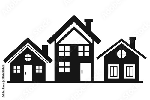 Three Black and White House Silhouettes Standing in a Row