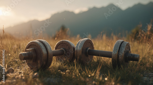 Dumbbells resting on grass in outdoor setting with mountains background