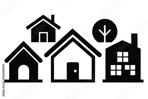 Simple Black and White Houses and Tree Icon Set Vector
