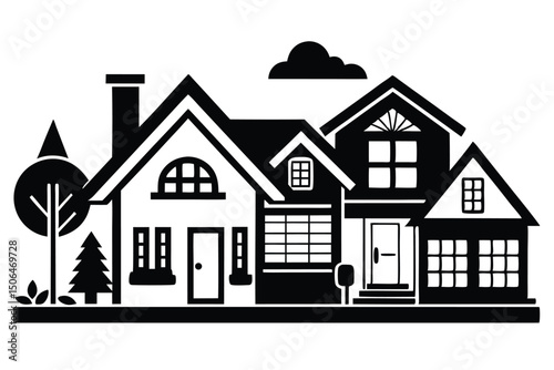 Black and white illustration of three houses with trees and cloud