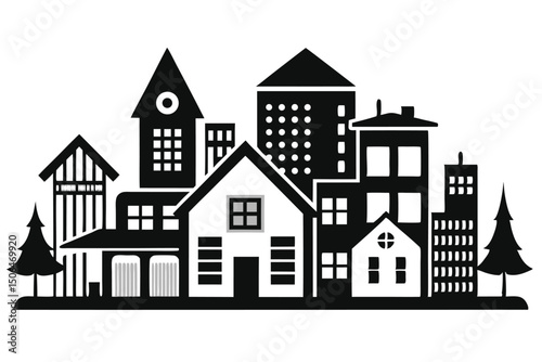 Monochrome Abstract Cityscape with Buildings and Trees in a Simple Style